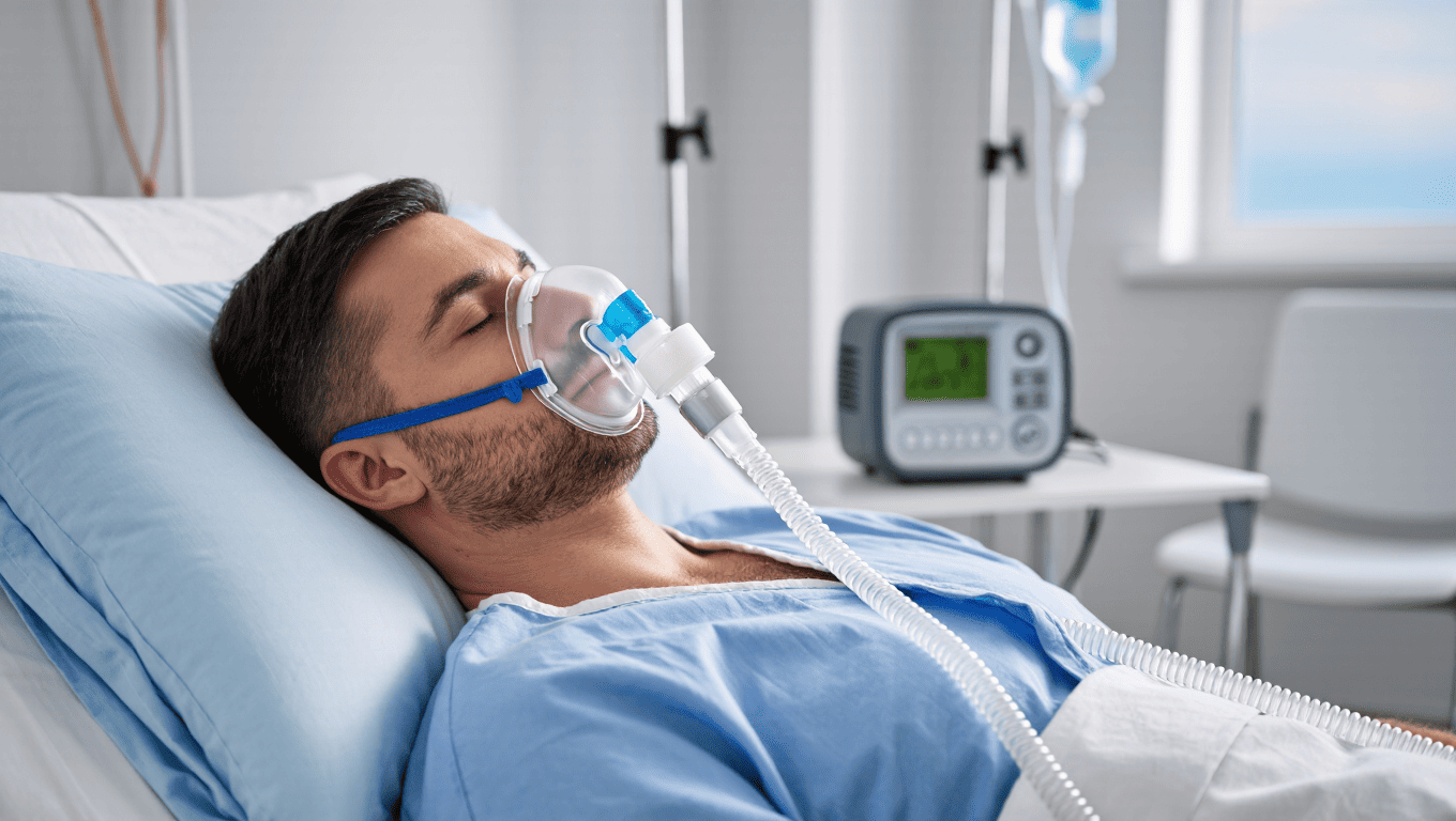 CPAPを付けて眠る睡眠時無呼吸症候群の成人男性