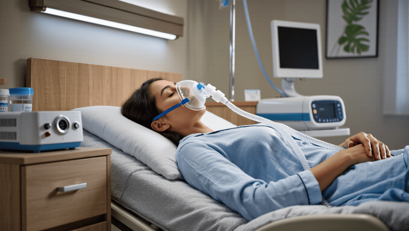 睡眠時無呼吸症候群の治療でCPAPをレンタルする女性患者