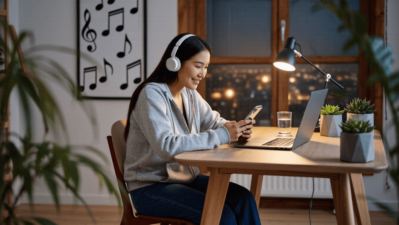 ストレス解消のために音楽を聴く女性