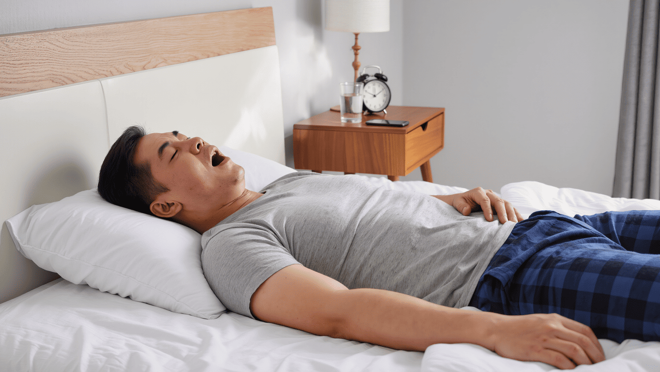 閉塞性睡眠時無呼吸症候群の影響でイビキをする大人の男性