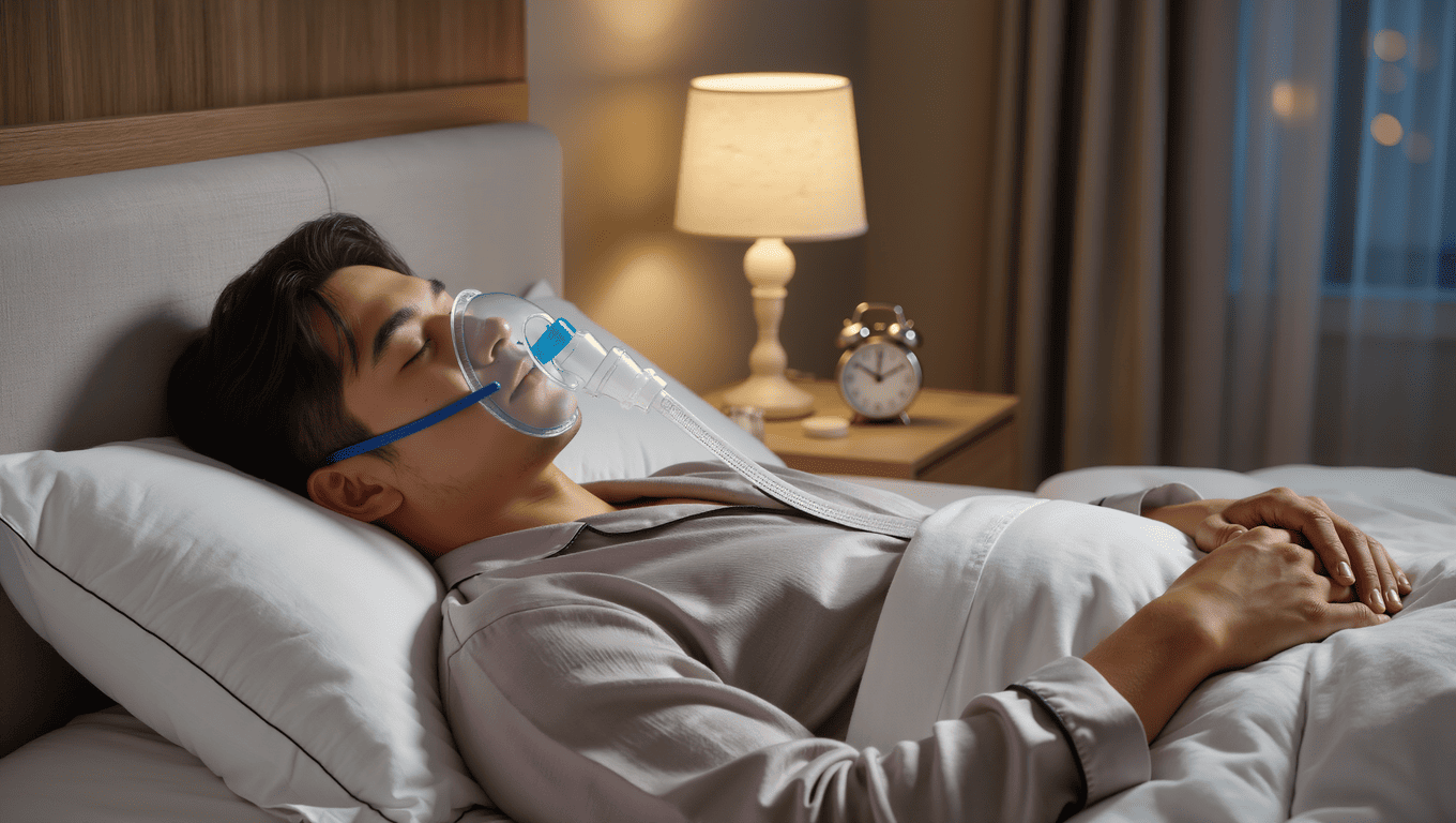 睡眠時無呼吸症候群の治療のために寝る前にCPAPをつける大人の男性